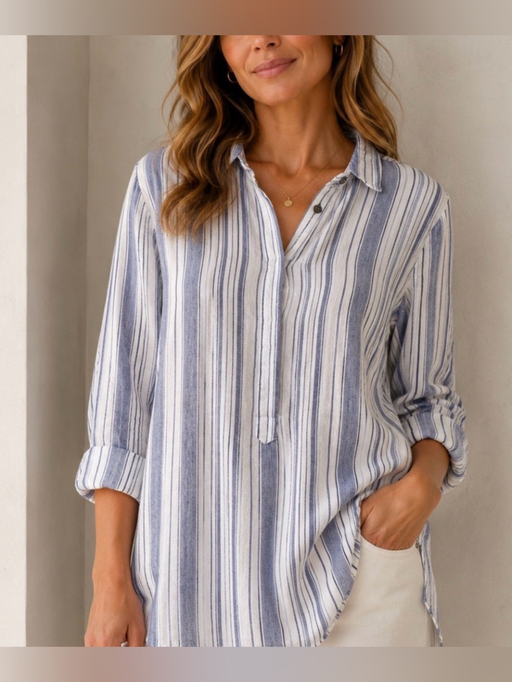 fresh produce White and Blue Striped Tunic Blouse. Size M/L